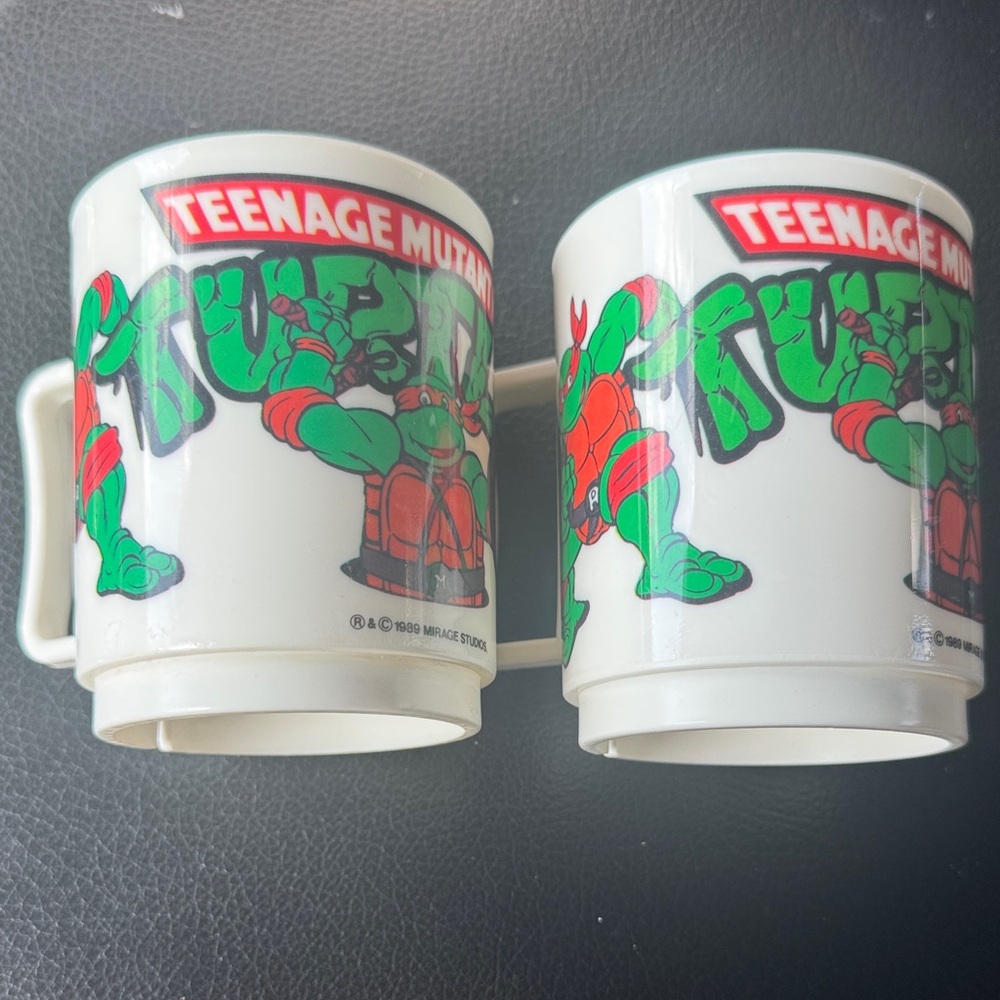 Teenage Mutant Ninja Turtles Vintage White Plastic Mugs 1989 Mirage Studios